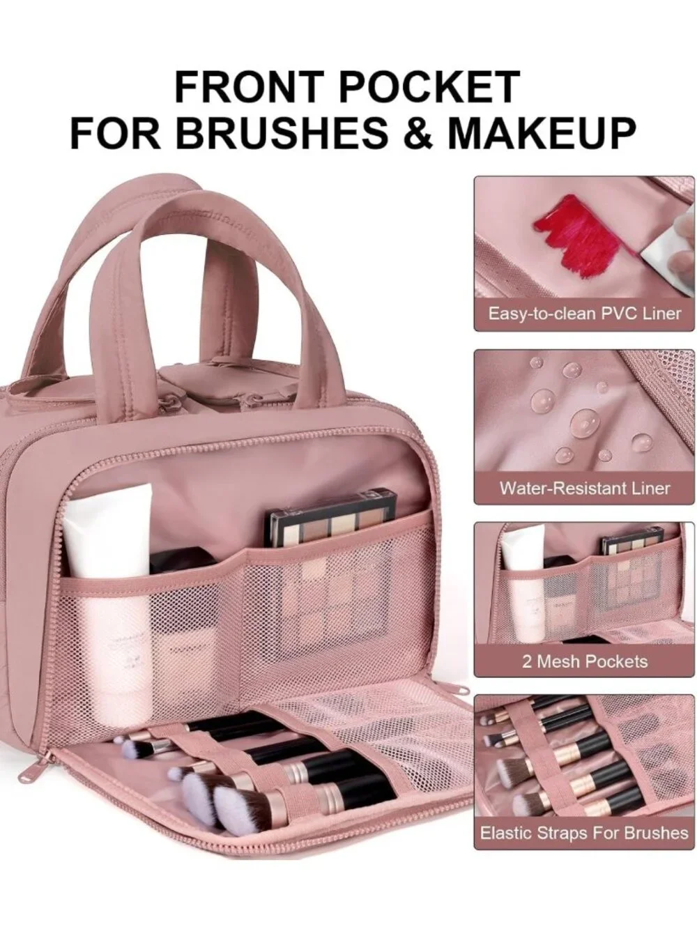 Large Wide-Open Travel Toiletry & Makeup Bag for Women - Dark Pink Organizer